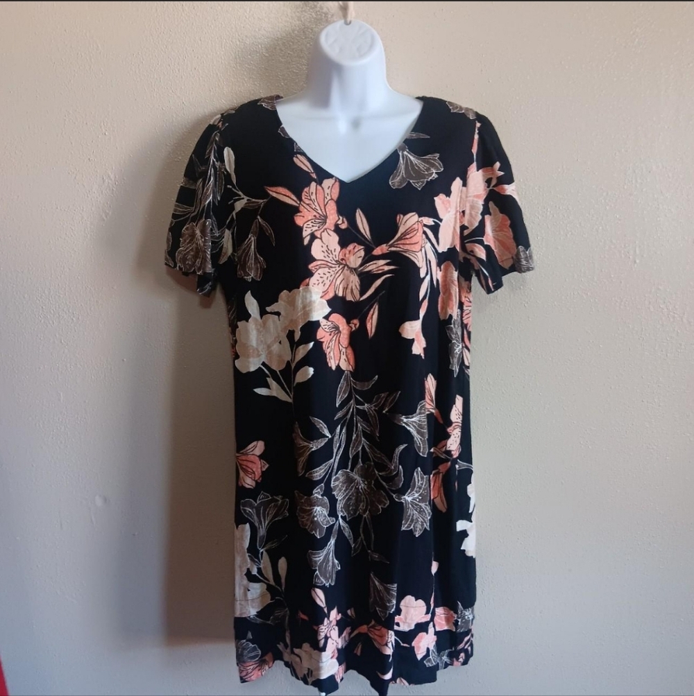 Nicole Miller Linen Blend Black Botanical Slip On Medium Midi Dress Tropical